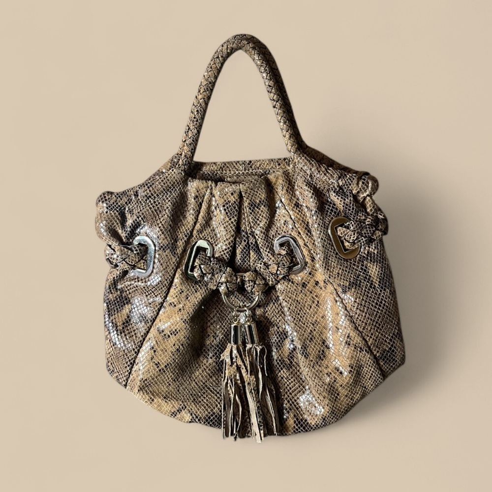 Michael Kors Snake-Print Tan and Black Leather Shoulder Bag with Tassel